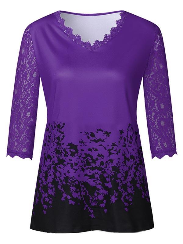 V-Neck Elbow Sleeves Lace Printed Loose Blouse