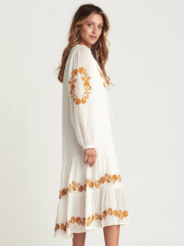 Vintage Loose Embroidered Split-Joint Long Sleeves V-Neck Midi Dress