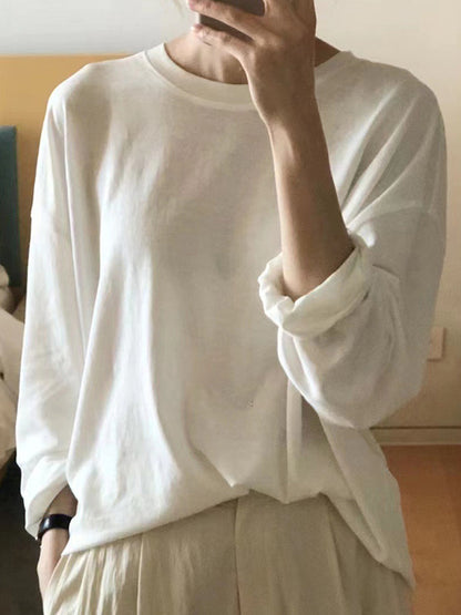 Long Sleeves Loose Solid Color Round-Neck T-Shirts Tops