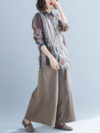 Lapel Striped Blouse&Solid Wide Leg Pants Suits