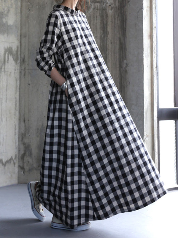 Artistic Retro Loose A-Line Plaid Stand Collar Long Sleeves Maxi Dress