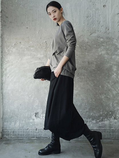 Casual Solid Color Pleated Long Sleeves Round-Neck T-Shirt Tops