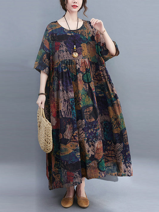 Stylish Printed Round-Neck Loose Batwing Sleeve Midi Dress