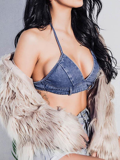 Sexy Lace-up V-neck Jean Sports Bra