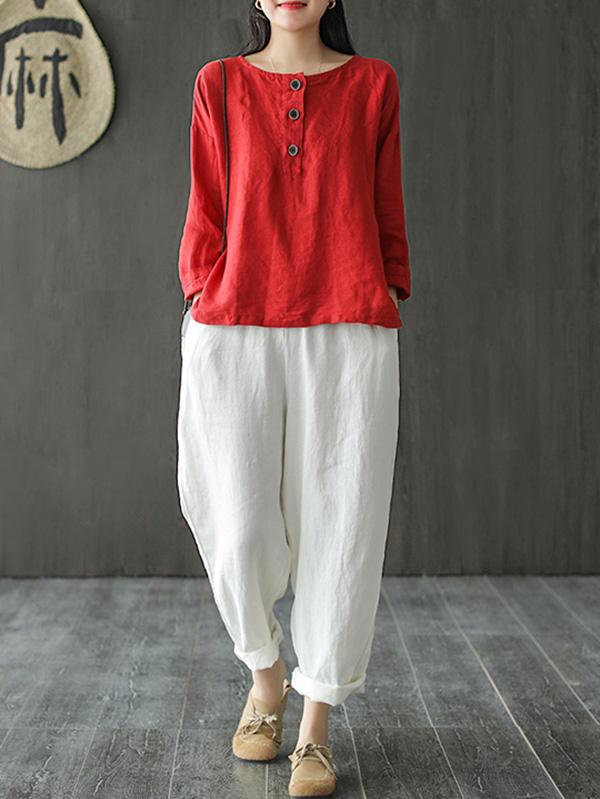 Artistic Retro Solid Shirt Blouse Tops