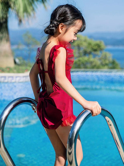 AONIHUA Solid Burgundy Bowknot Girl One Piece