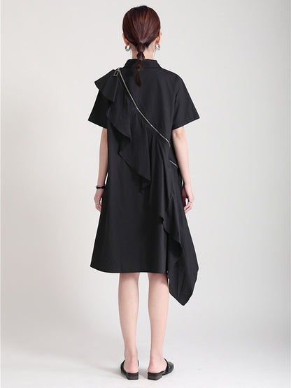 Stylish Irregular Split-Joint Falbala Buttoned Lapel Collar Short Sleeves Midi Dress
