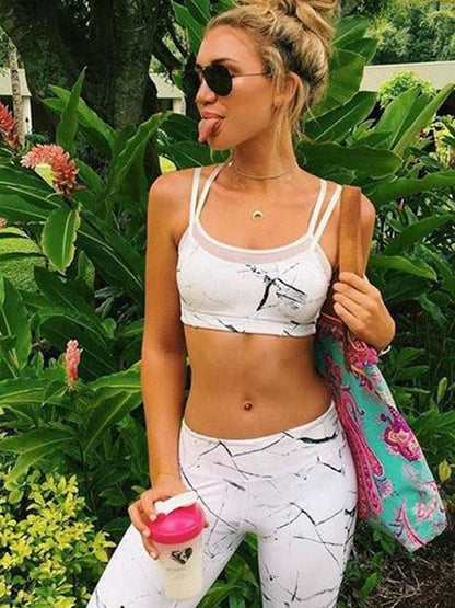 Printed Mesh Panel Yoga Bra And Legging Suits