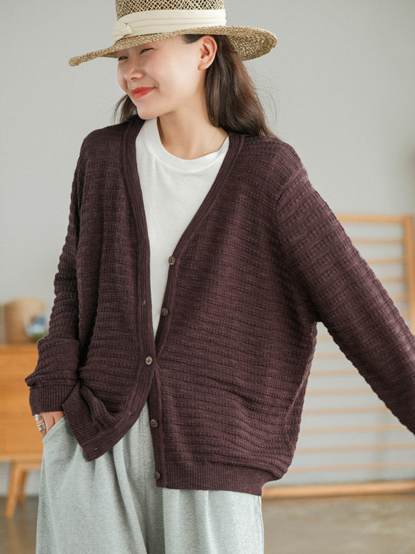 Casual Solid Color Buttoned V-Neck Long Sleeves Jacquard Knitted Cardigan