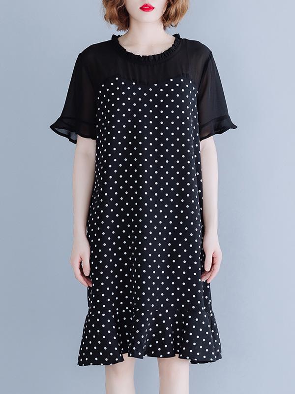 Chiffon Oversize Mermaid Polka-Dot Falbala Dress