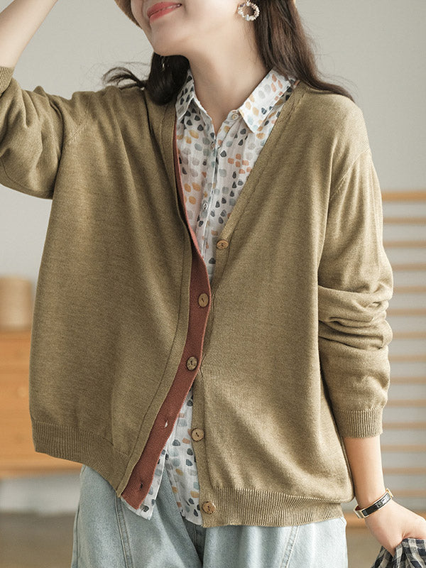Simple Contrast Color Long Sleeves Cardigan Top