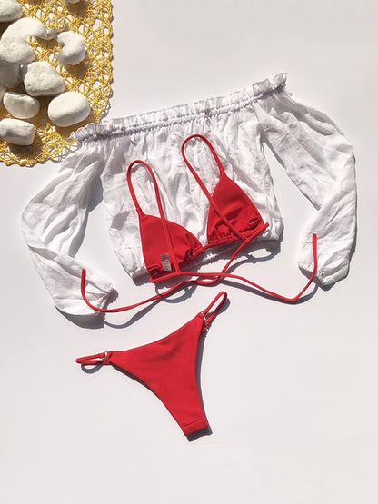 Solid Color Long Sleeves Three Piece Bikini Swimsuit