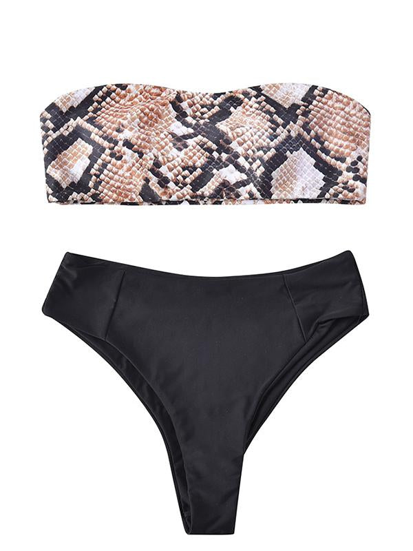 Strapless Snake-Print Split Bikini Swimsuit