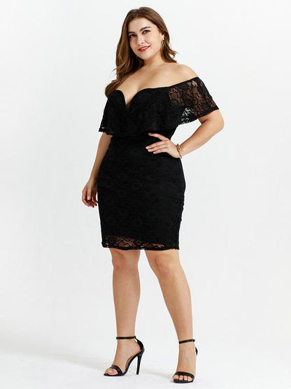 Solid Color Short Sleeve Off Shoulder Lace Mini Dress