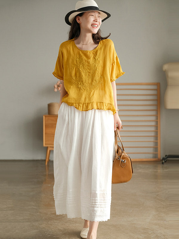 Ramie Cotton Embroidered Round-Neck T-Shirts Tops