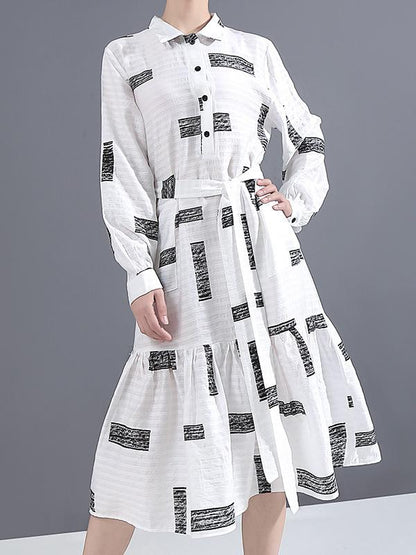 Lapel Collar Long Sleeve Loose Style Printed Belted Dress