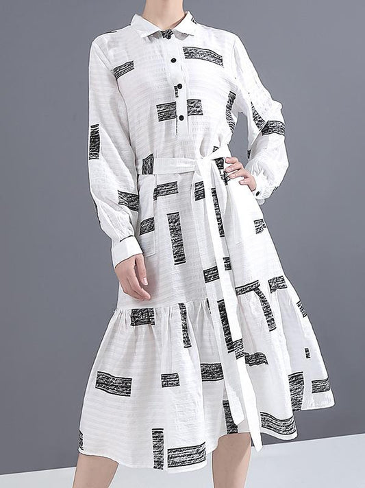 Lapel Collar Long Sleeve Loose Style Printed Belted Dress