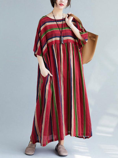 Loose Retro Striped Round-neck Long Dress