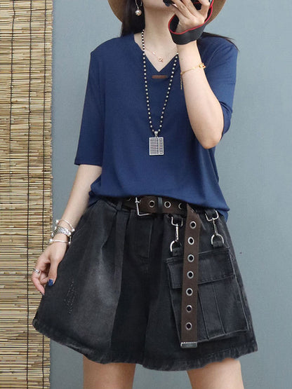 Simple Solid Color V-Neck Short Sleeves T-Shirt Tops