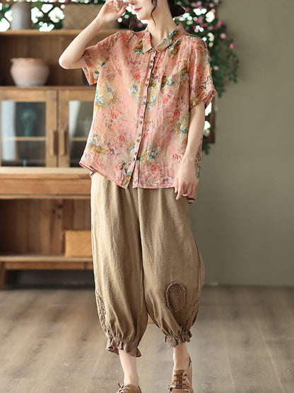 Vintage Artistic Retro Loose Floral Printed Ramie Cotton Blouse