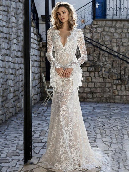 Lace Flared Sleeves V-back Evening Dress