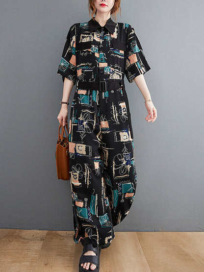 Stylish Printed Belted Split-Side Lapel Short Sleeves Loose Jumpsuits