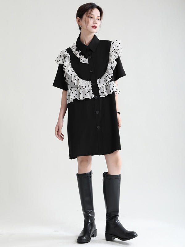 Stylish Irregular Split-Joint Polka-Dot Mesh Falbala Buttoned Lapel Collar Half Sleeves Mini Dress