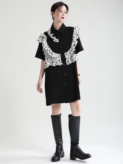 Stylish Irregular Split-Joint Polka-Dot Mesh Falbala Buttoned Lapel Collar Half Sleeves Mini Dress
