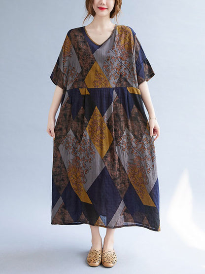 Vintage Printed V-Neck Half Sleeves Midi Dress