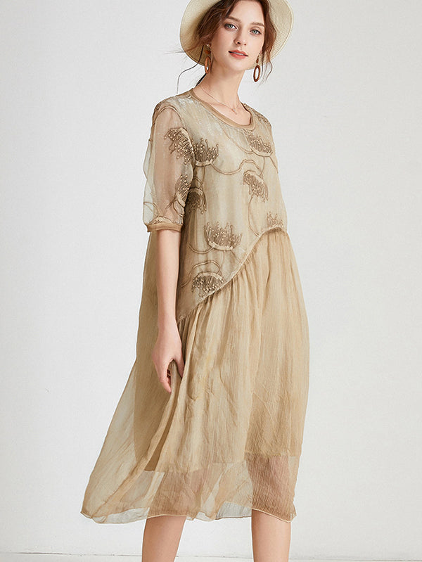Original Artistic Retro Loose Embroidered Pleated Split-Joint Midi Dress
