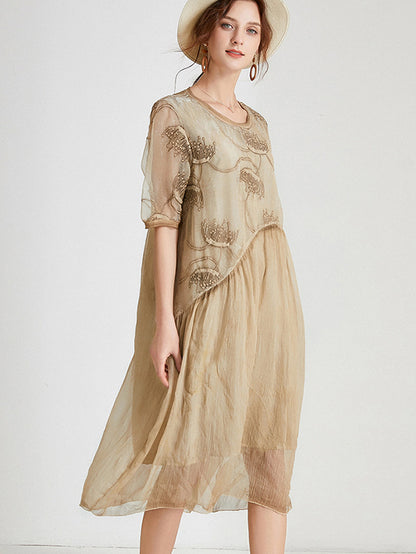 Original Artistic Retro Loose Embroidered Pleated Split-Joint Midi Dress