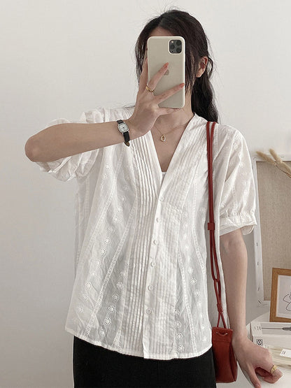 Simple Solid Color Buttoned V-Neck Short Sleeves Blouse
