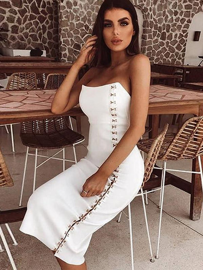Off-shoulder Metallic Button Dress