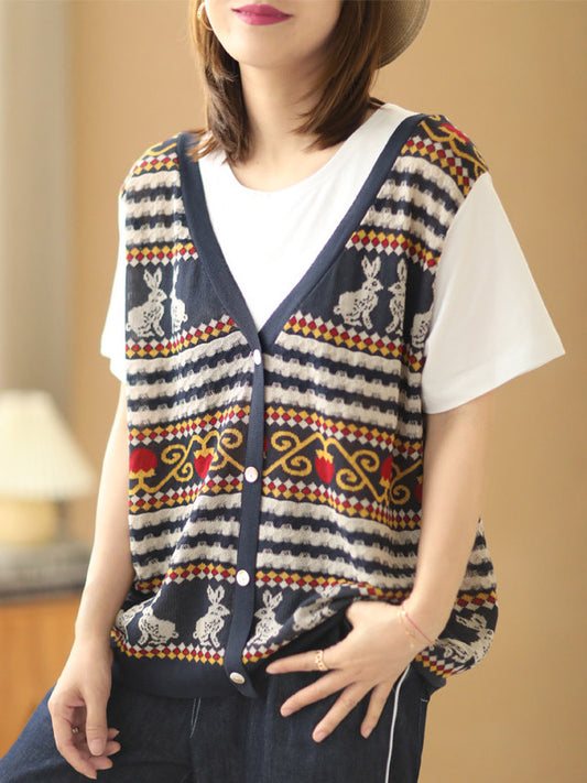 Stylish Split-Joint Printed Round-Neck False Two T-Shirt