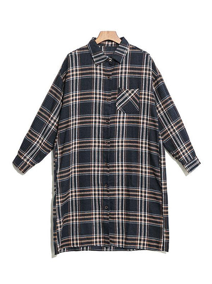 Loose Retro Lapel Plaid Shirt Dress