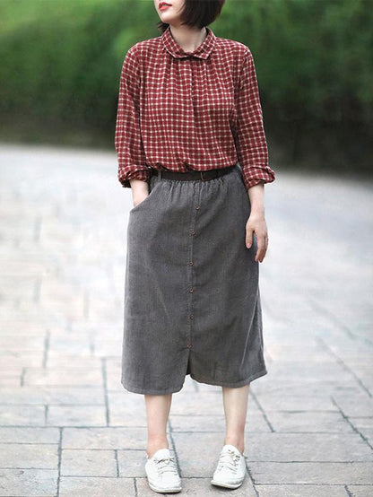 Linen Back-button Plaid Loose Blouse Top