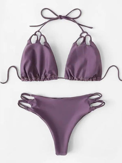 Triangle Plain Lace-up Bikinis Swimwear