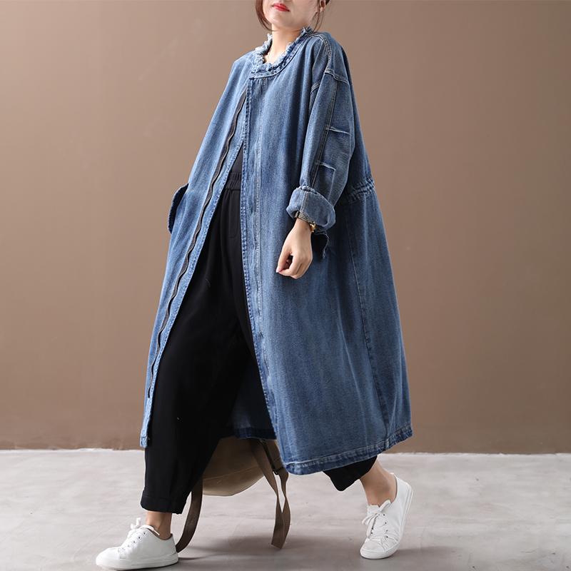 Buykud Spring Autumn Casual Solid Color Zipper Denim Coat