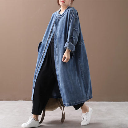 Buykud Spring Autumn Casual Solid Color Zipper Denim Coat