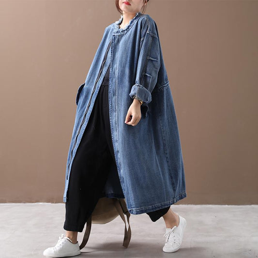 Buykud Spring Autumn Casual Solid Color Zipper Denim Coat
