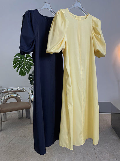 Girlish A-Line Puff Sleeves Round-Neck Midi Dress