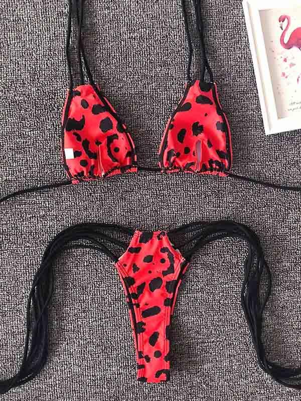 Snake-Print Triangles Bandage Split Bikini Swimsuit