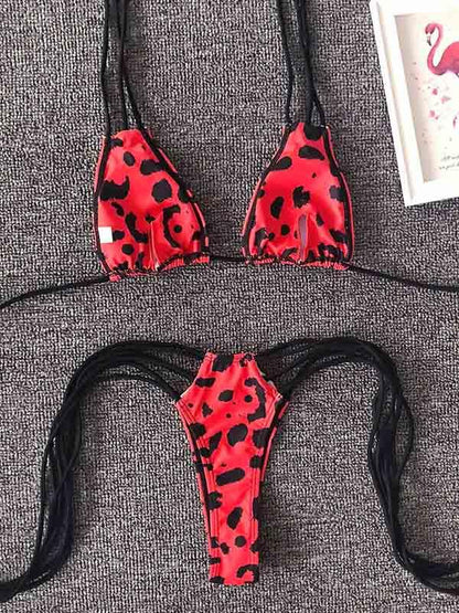 Snake-Print Triangles Bandage Split Bikini Swimsuit