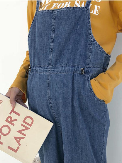 Maternity Elastic Waistband Spaghetti-neck Denim Jumpsuits