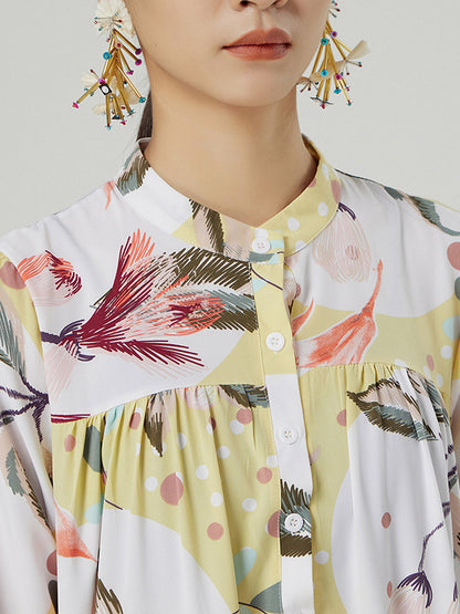 Stylish Buttoned Printed Loose Long Sleeves Midi Dress