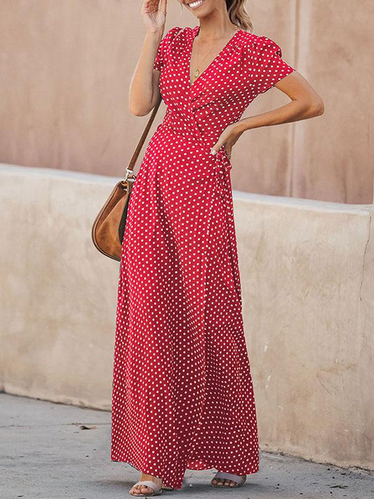 Deep V-neck Polka Dot Maxi Dress