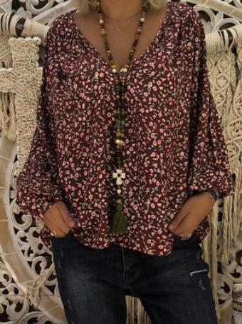 V-neck Printed Shirt with Bubble Sleeves