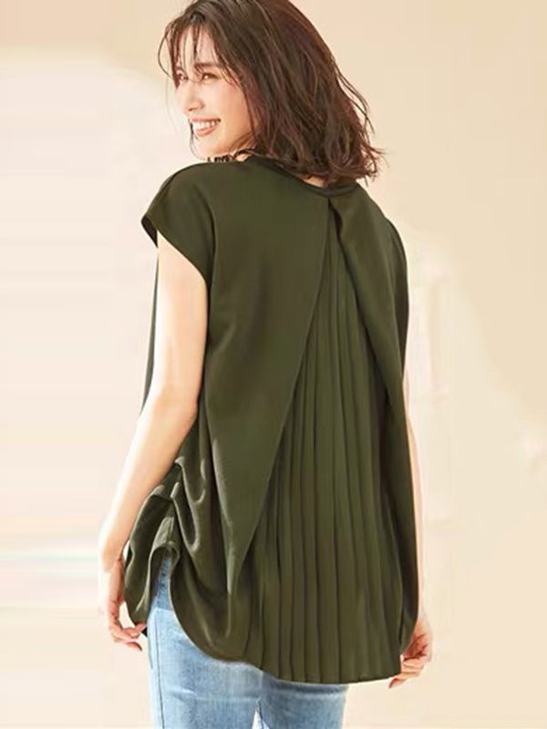 Simple Solid Color Pleated Round-Neck Short Sleeves T-Shirt