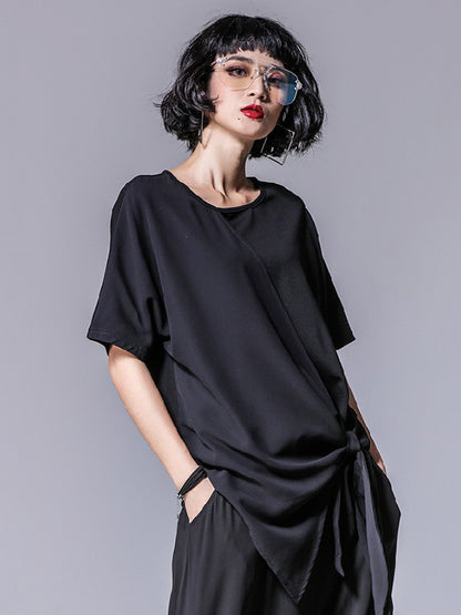 Asymmetrical Loose Round-Neck Modal And Chiffon T-Shirts Tops