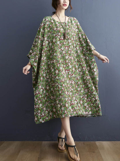 Vintage Loose Floral Printed Round-Neck Batwing Sleeves Midi Dress